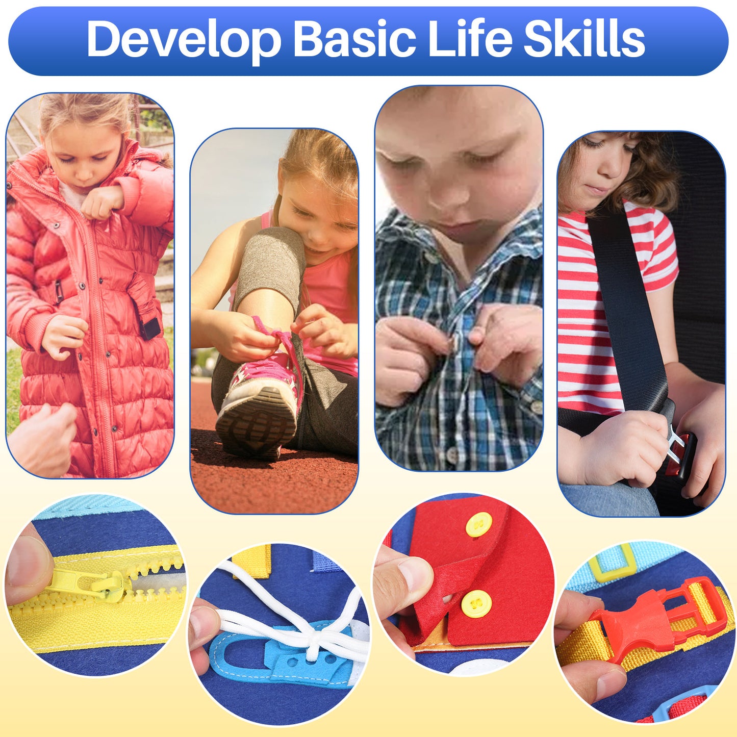 Felt Busy Board for Toddlers – Practical Life Skills Travel Toy with Dinosaur and Unicorn