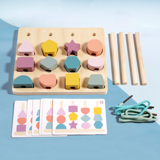 Montessori Shape Stacking and Lacing Activity Board – Fine Motor Skills, Color and Pattern Matching Toy
