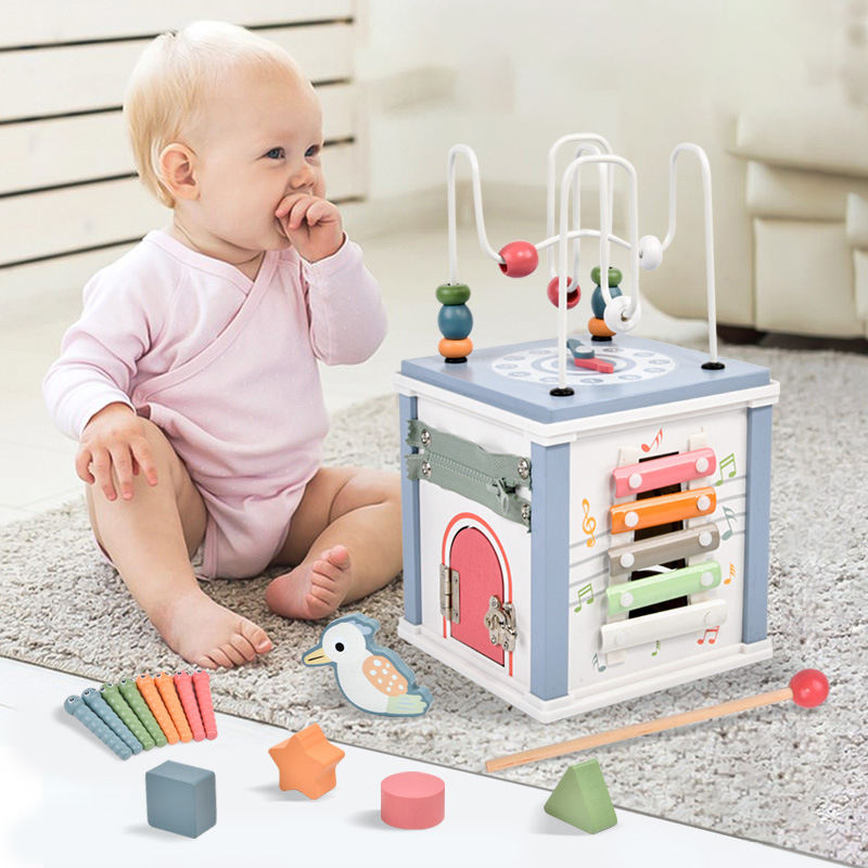 Montessori Activity Cube Beads Toys Multifunctional Game Wooden Educational Treasure Box for Kids