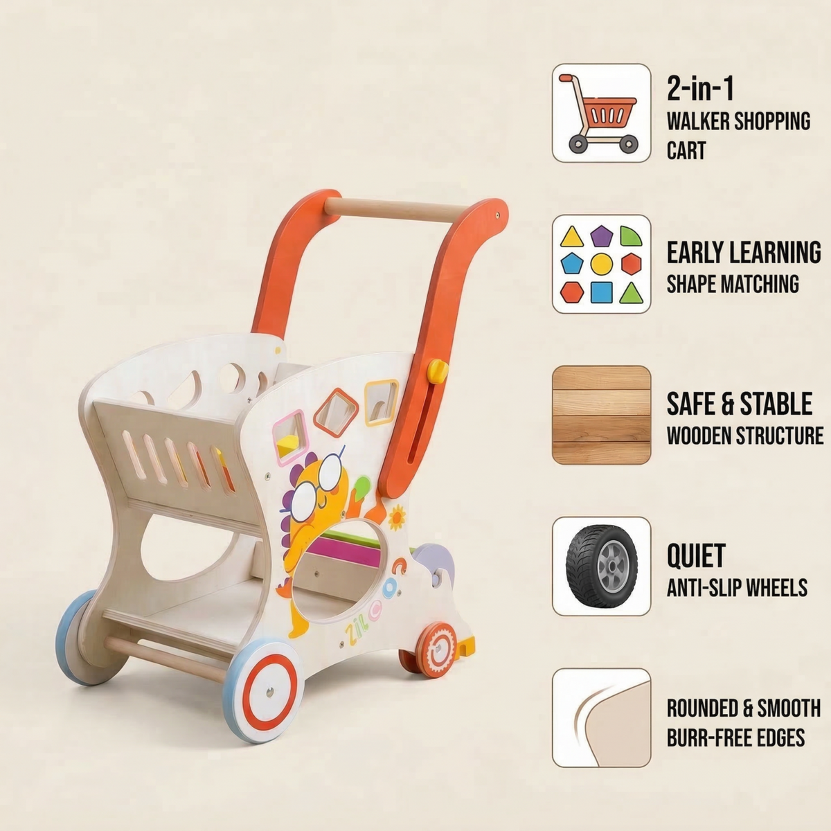 Wooden Baby Push and Pull with Wheels , Multiple Activities Kid’s Toy