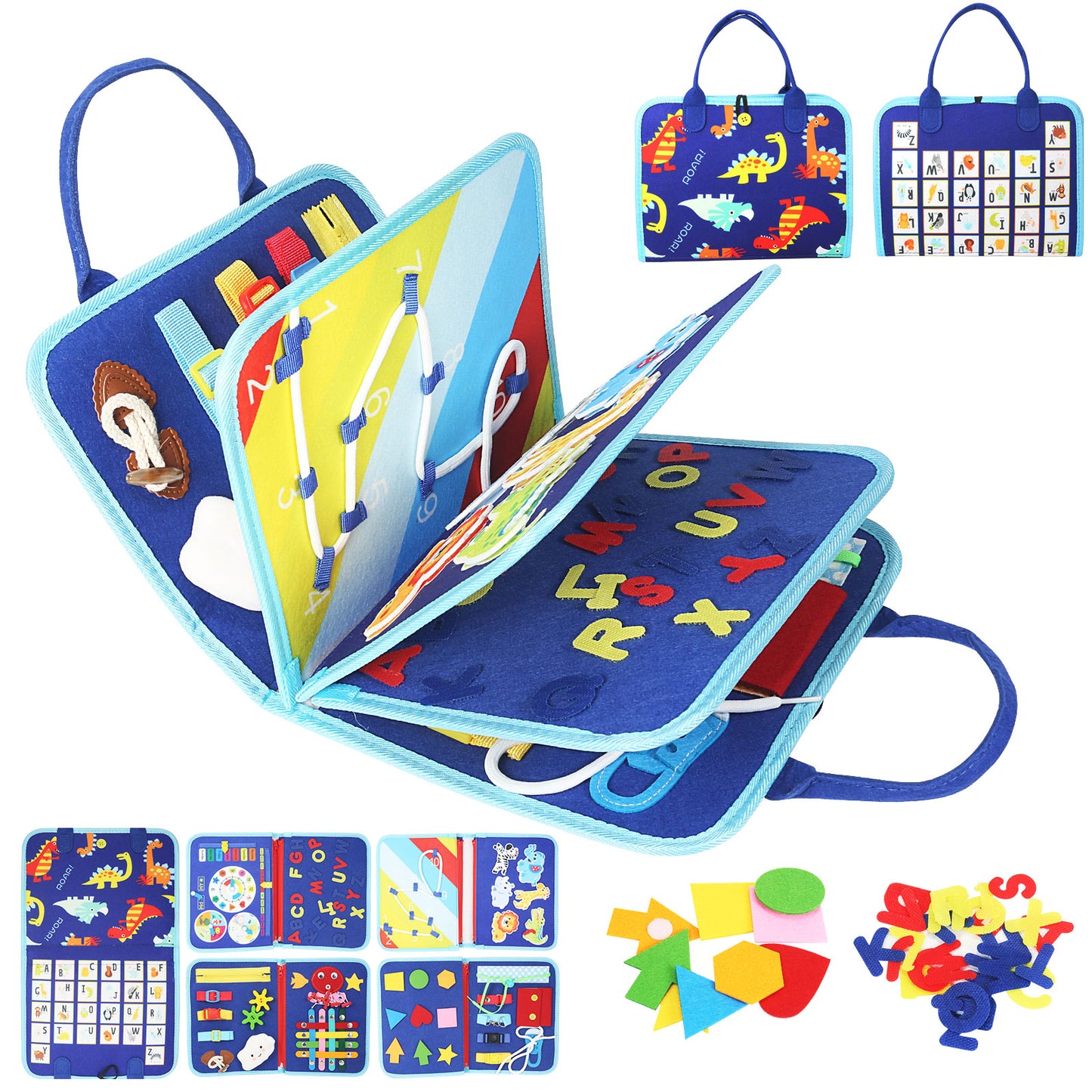 Felt Busy Board for Toddlers – Practical Life Skills Travel Toy with Dinosaur and Unicorn