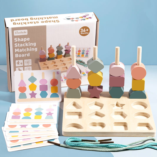 Montessori Shape Stacking and Lacing Activity Board – Fine Motor Skills, Color and Pattern Matching Toy