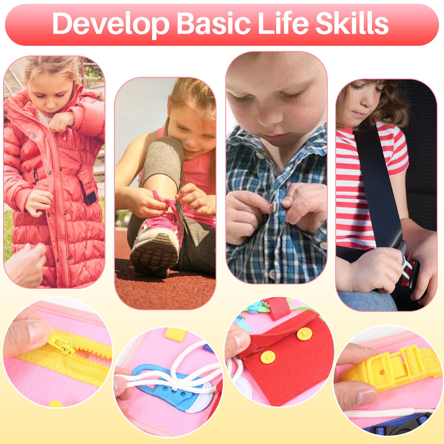 Felt Busy Board for Toddlers – Practical Life Skills Travel Toy with Dinosaur and Unicorn 2
