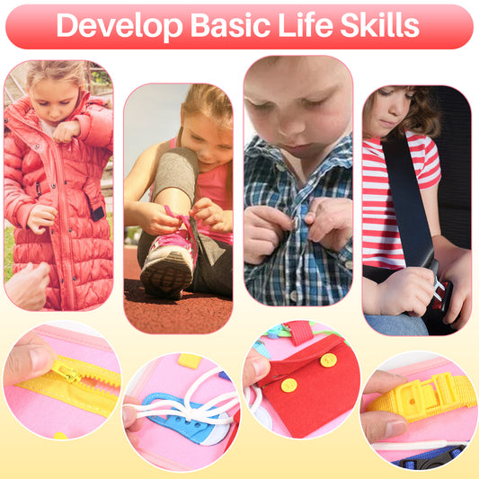 Felt Busy Board for Toddlers – Practical Life Skills Travel Toy with Dinosaur and Unicorn 2