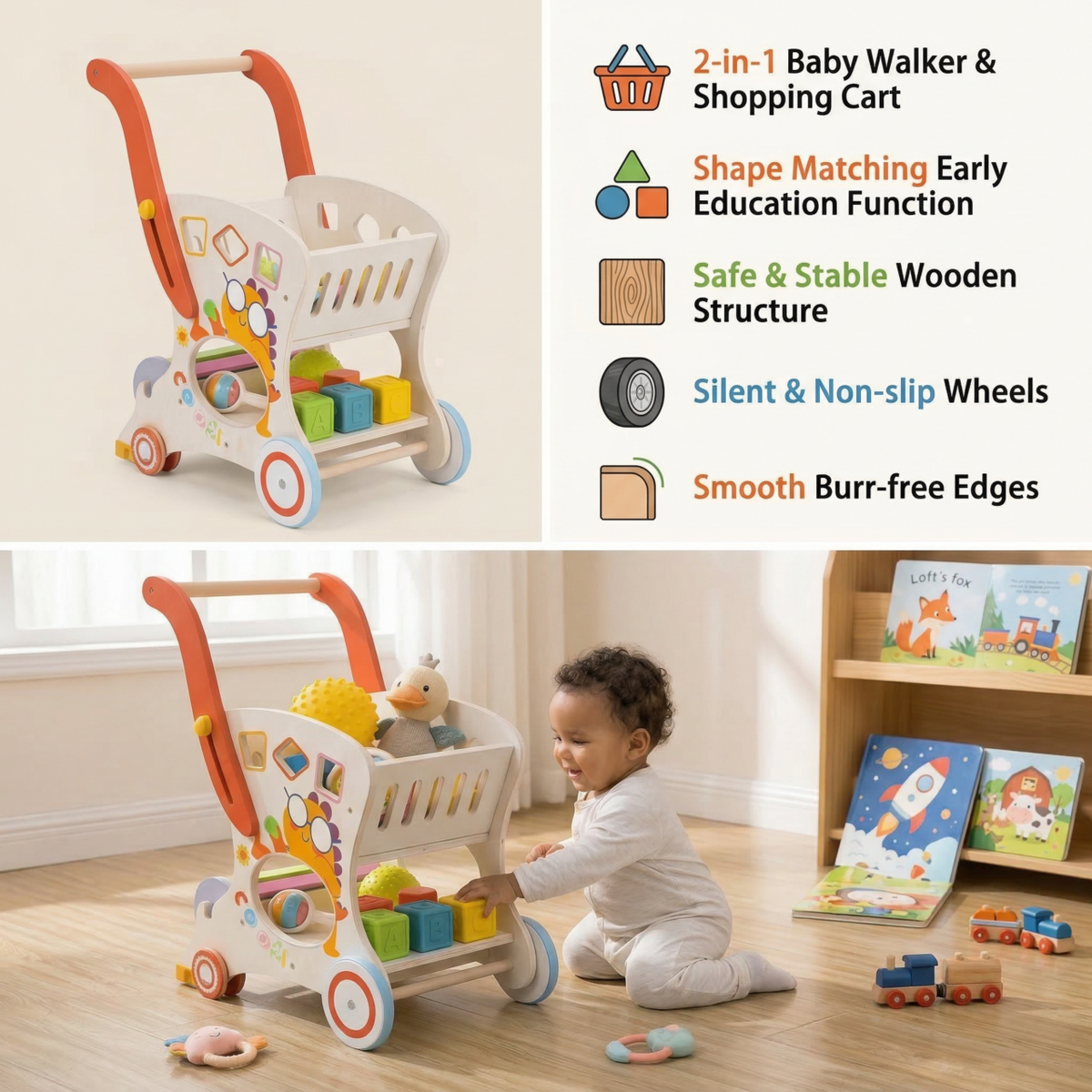 Wooden Baby Push and Pull with Wheels , Multiple Activities Kid’s Toy