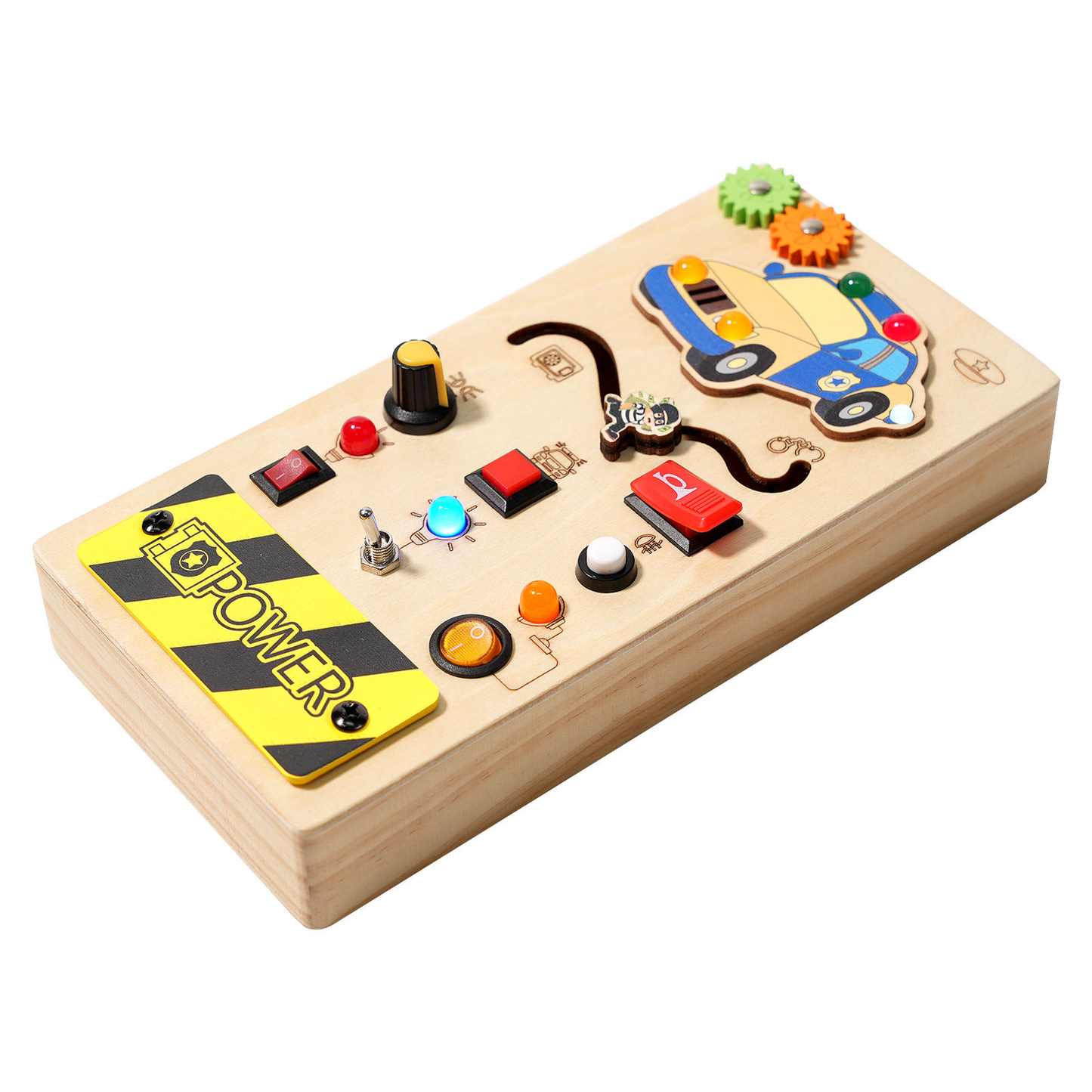 Led Light Montessori Busy Board with Police Car Wooden Sensory Educational Toys for Toddlers 3-6 Years