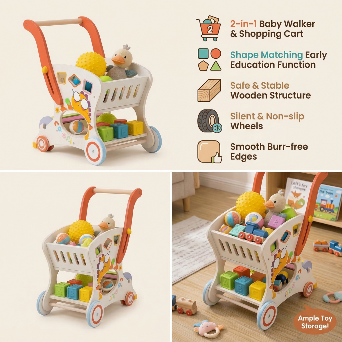 Wooden Baby Push and Pull with Wheels , Multiple Activities Kid’s Toy