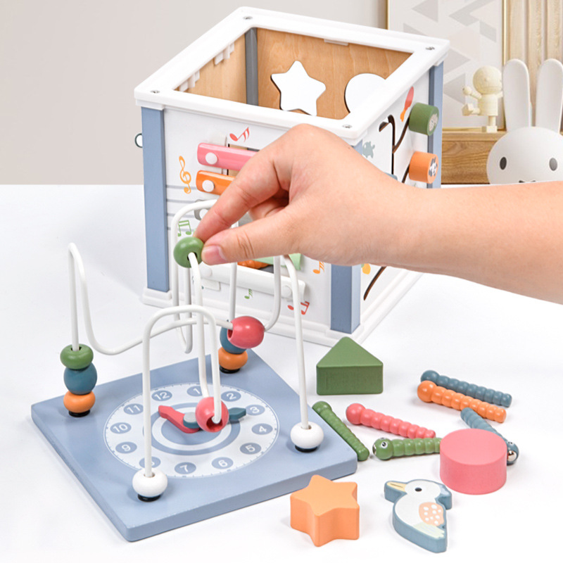 Montessori Activity Cube Beads Toys Multifunctional Game Wooden Educational Treasure Box for Kids
