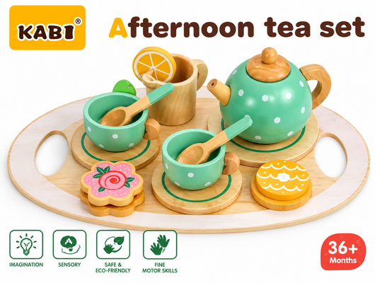 Wooden Afternoon Tea Set – Montessori Pretend Play Tea Party Toy, 15-Piece Set