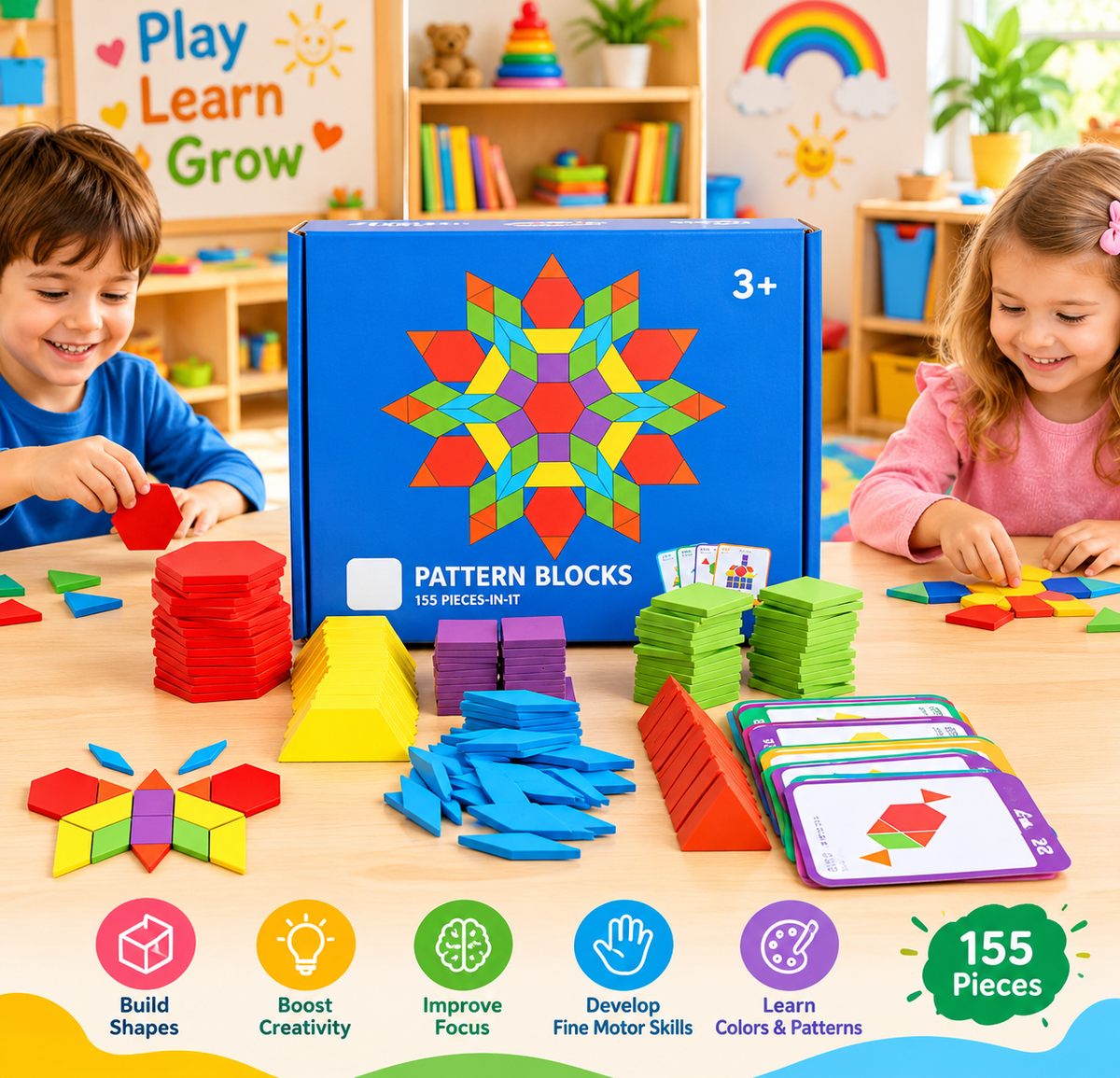 155-Piece Pattern Blocks Set – Colorful Geometric Building & Learning Toy