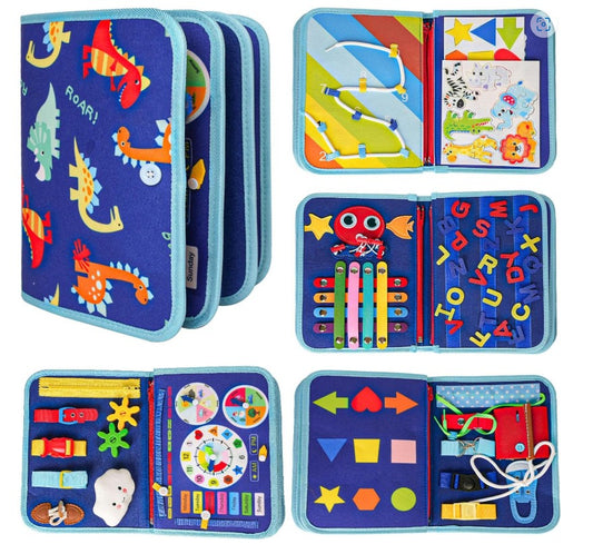 Felt Busy Board for Toddlers – Practical Life Skills Travel Toy with Dinosaur and Unicorn