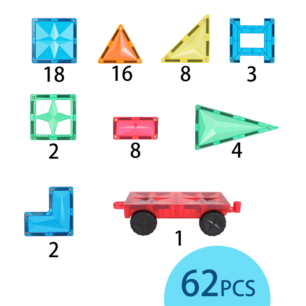 The Magnetic Tiles Building Blocks –Advanced Set, STEM Toys for 3+ Year Birthday & Christmas (62 pcs) with Car