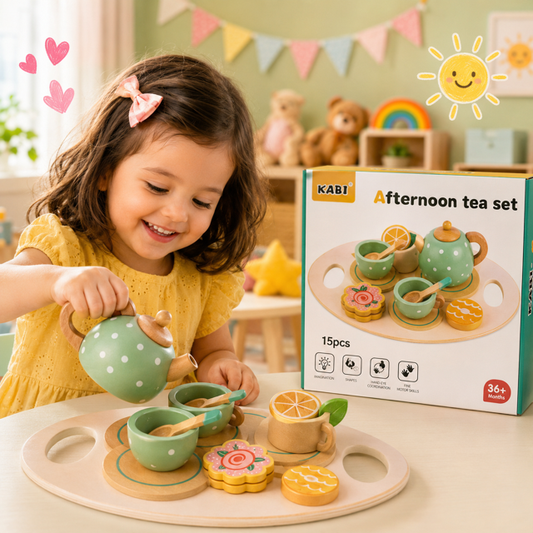 Wooden Afternoon Tea Set – Montessori Pretend Play Tea Party Toy, 15-Piece Set